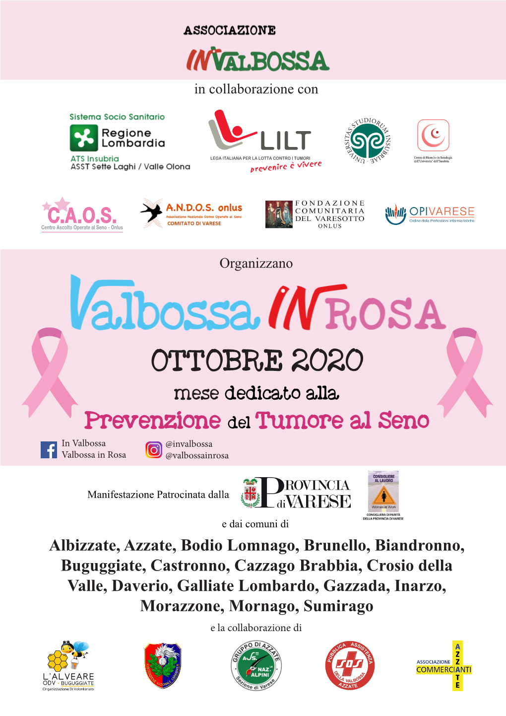 OTTOBRE 2020 Mese Dedicato Alla Prevenzione Del Tumore Al Seno in Valbossa @Invalbossa Valbossa in Rosa @Valbossainrosa