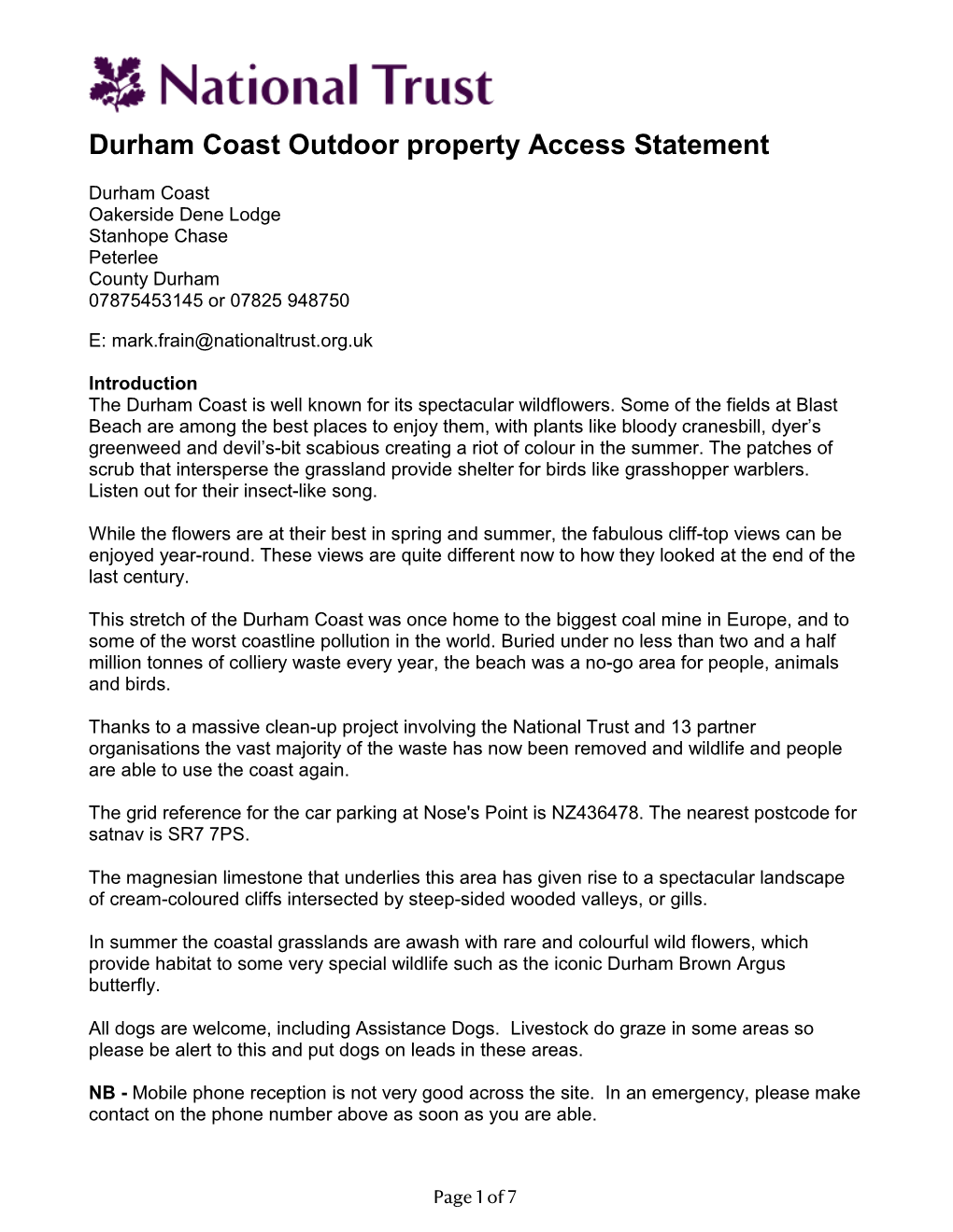 Durham Coast Outdoor Property Access Statement