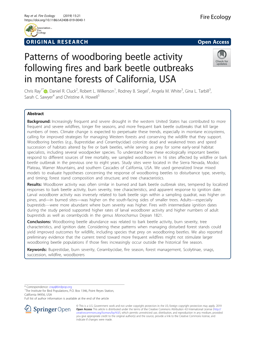 Patterns of Woodboring Beetle Activity Following Fires and Bark Beetle Outbreaks in Montane Forests of California, USA Chris Ray1* , Daniel R