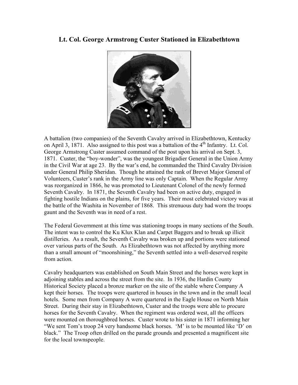 Custer Stationed in Elizabethtown