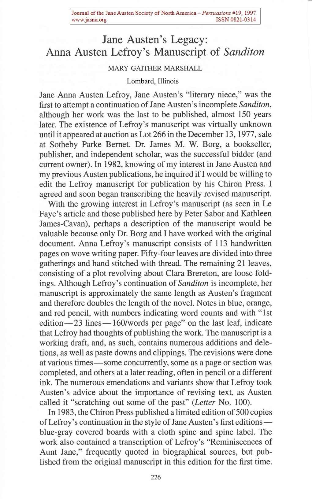Jane Austen's Legacy: Anna Austen Lefroy's Manuscript of Sanditon