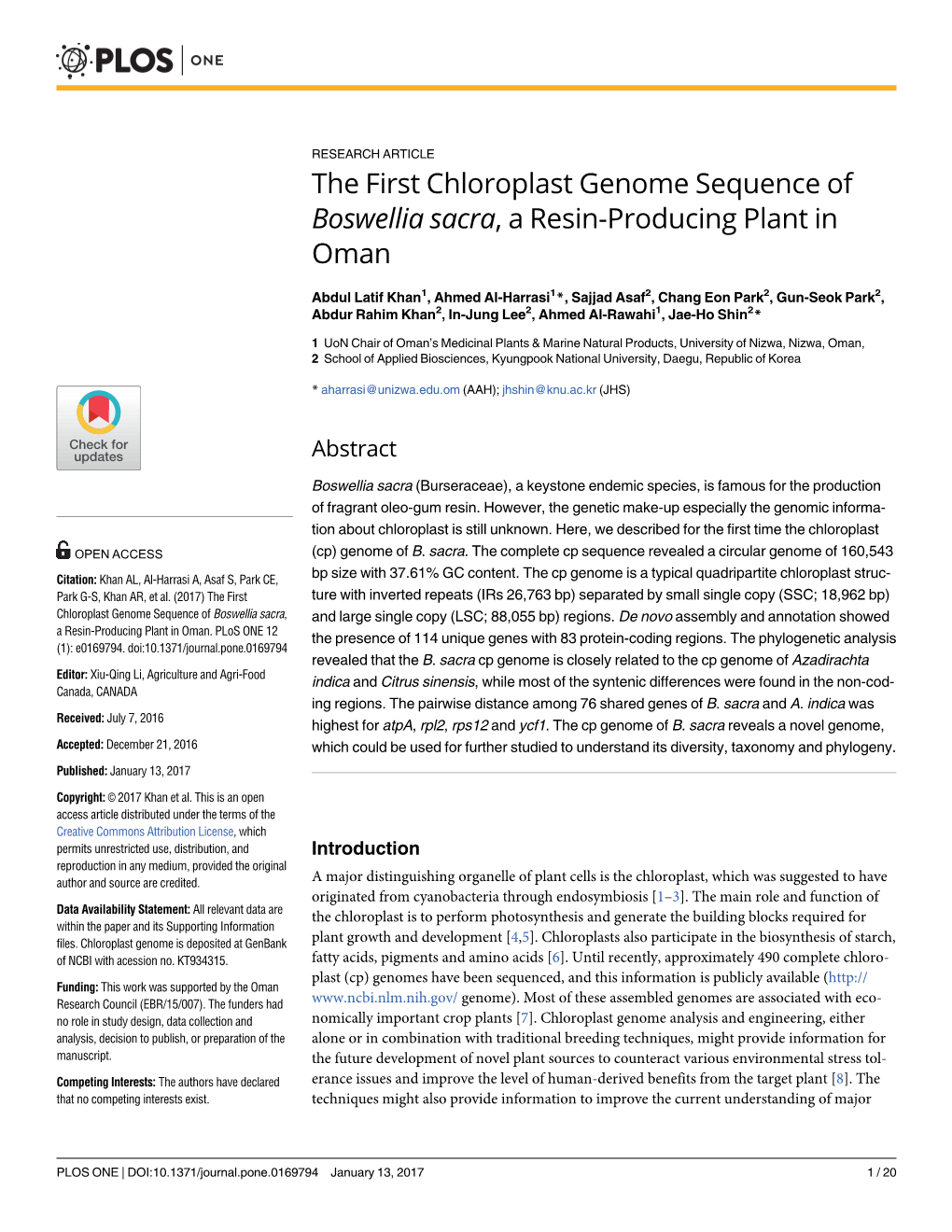 The First Chloroplast Genome Sequence of Boswellia Sacra, a Resin-Producing Plant in Oman
