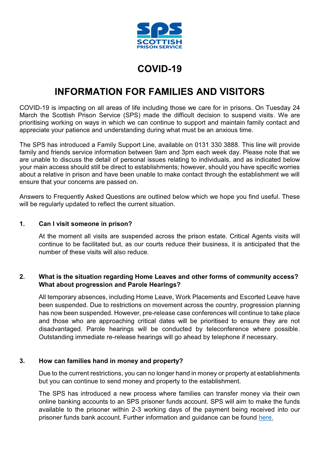 Covid-19 Information for Families and Visitors