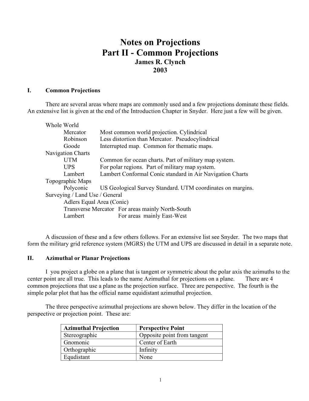 Notes on Projections Part II - Common Projections James R