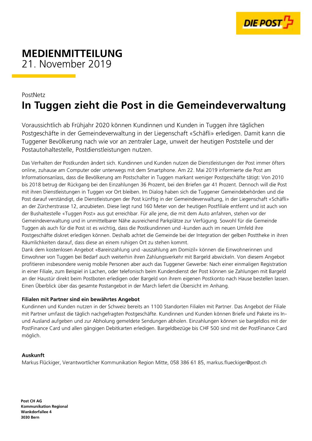 MEDIENMITTEILUNG 21. November 2019 in Tuggen Zieht Die Post in Die