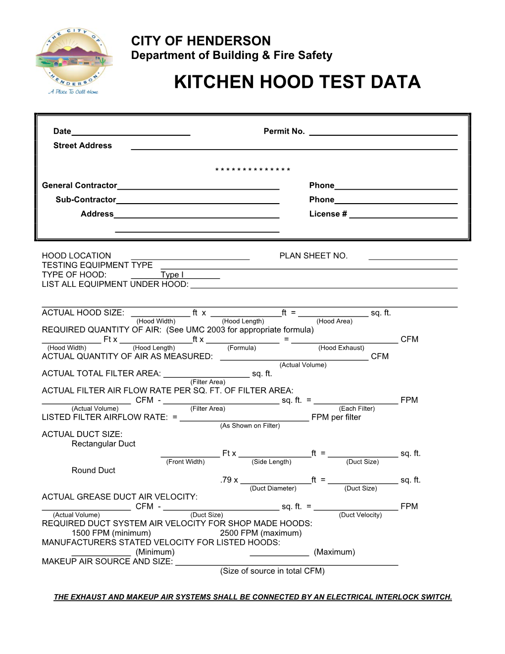 Kitchen Hood Test Data Form