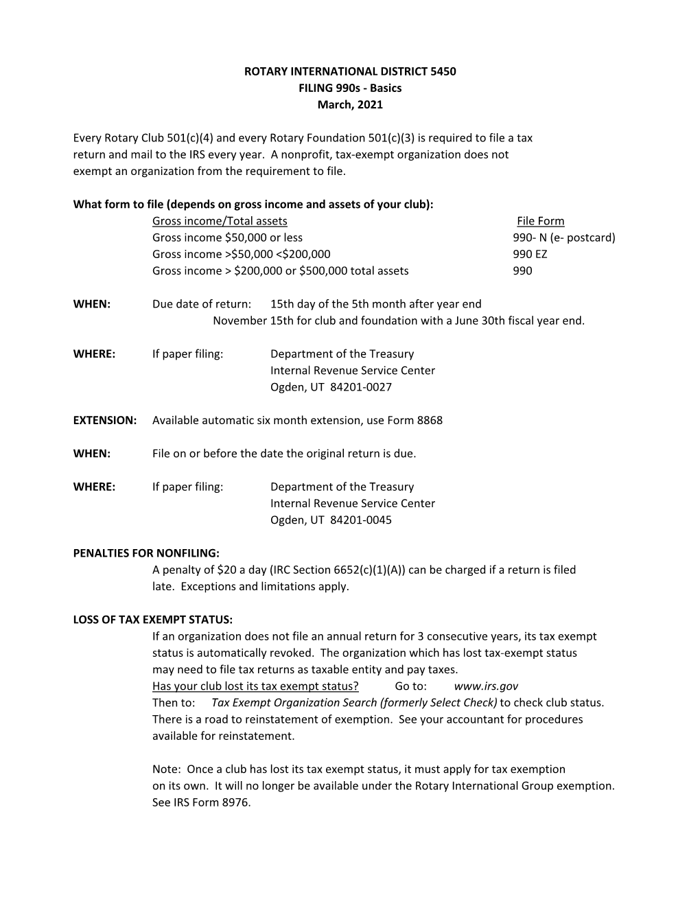 ROTARY INTERNATIONAL DISTRICT 5450 FILING 990S - Basics March, 2021