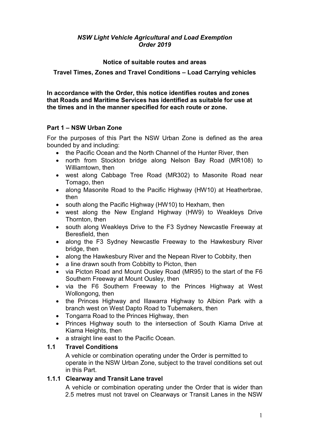 NSW Light Vehicles Agricultural and Load Exemption Order 2019