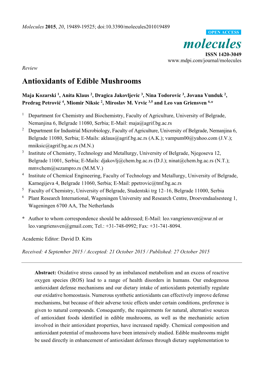 Antioxidants of Edible Mushrooms