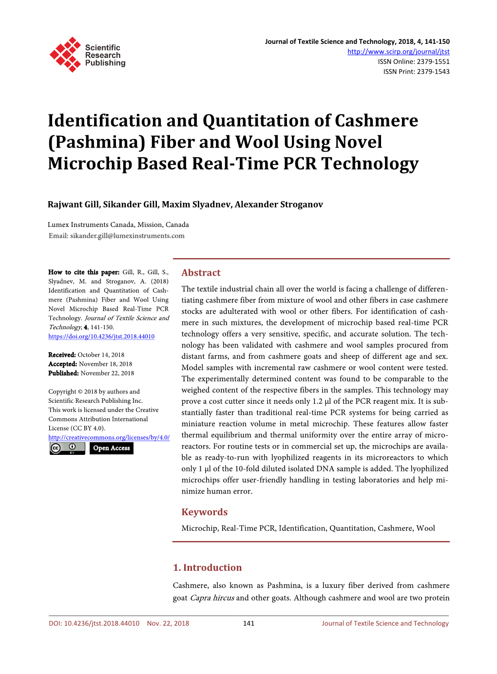 Identification and Quantitation of Cashmere (Pashmina) Fiber and Wool Using Novel Microchip Based Real-Time PCR Technology
