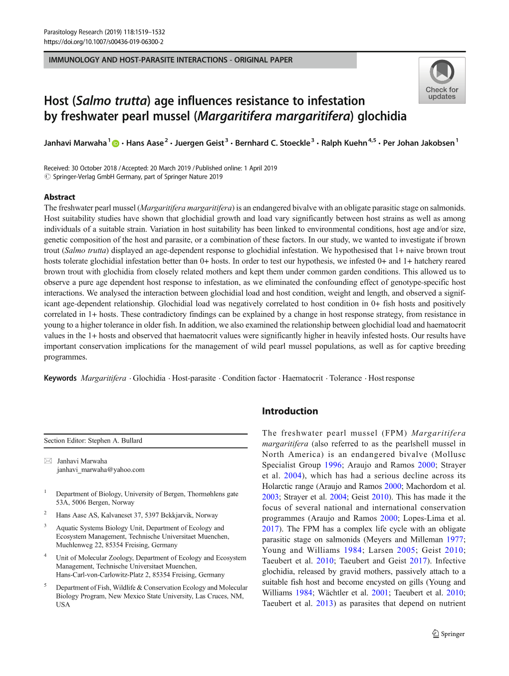 Age Influences Resistance to Infestation by Freshwater Pearl Mussel (Margaritifera Margaritifera)Glochidia