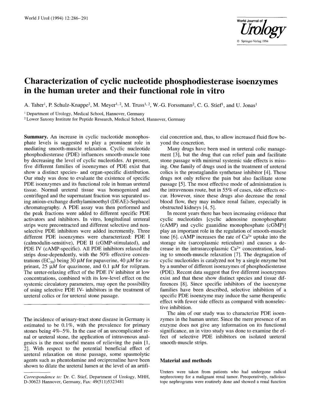 Characterization of Cyclic Nucleotide Phosphodiesterase Isoenzymes in the Human Ureter and Their Functional Role in Vitro