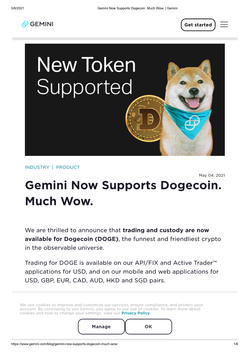 Gemini Now Supports Dogecoin. Much Wow. | Gemini