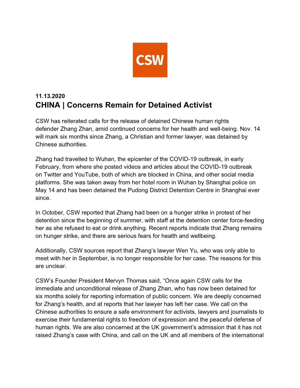 11.13.2020 CHINA | Concerns Remain for Detained Activist