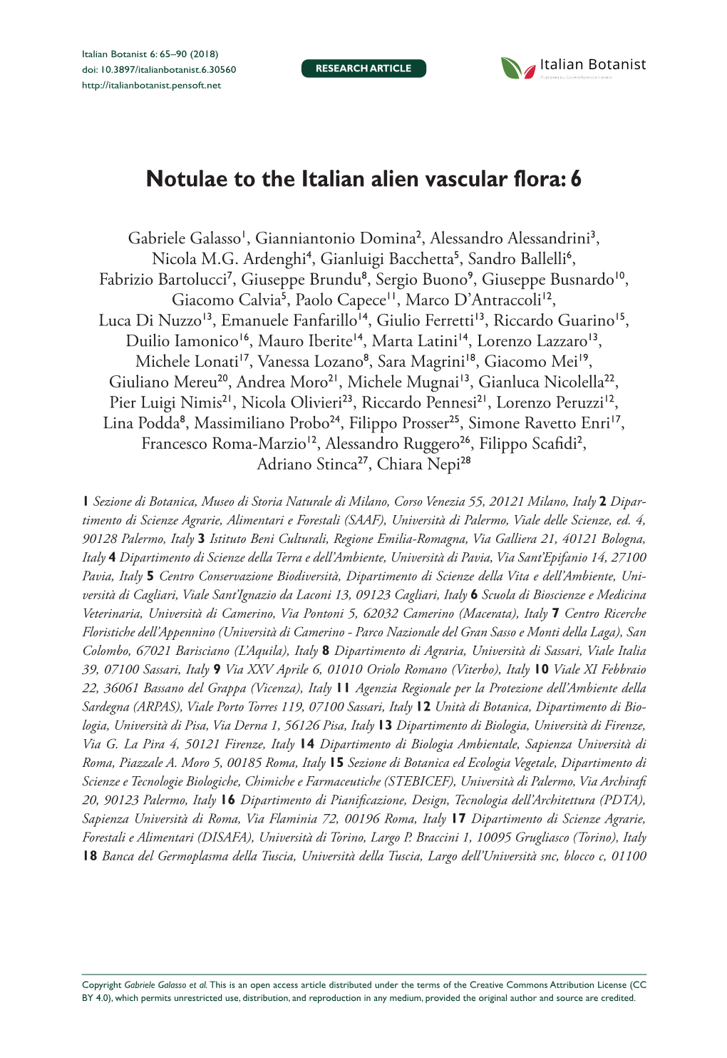 Notulae to the Italian Alien Vascular Flora: 6 65 Doi: 10.3897/Italianbotanist.6.30560 RESEARCH ARTICLE