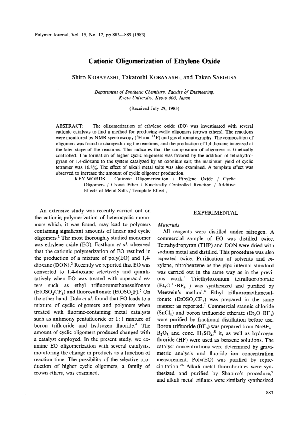 Cationic Oligomerization of Ethylene Oxide