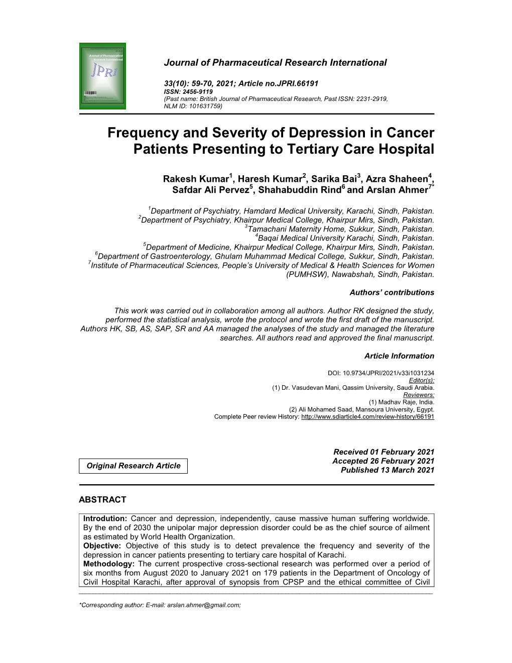 Frequency and Severity of Depression in Cancer Patients Presenting to Tertiary Care Hospital
