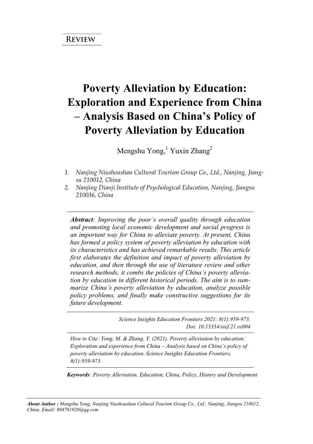 Analysis Based on China's Policy of Poverty Alleviation by Education