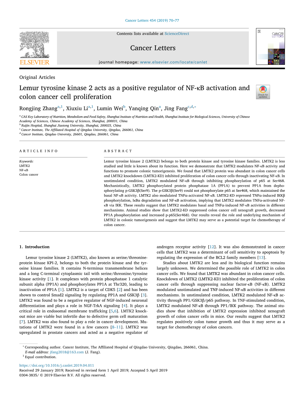 Lemur Tyrosine Kinase 2 Acts As a Positive Regulator of NF-Κb Activation and Colon Cancer Cell Proliferation T