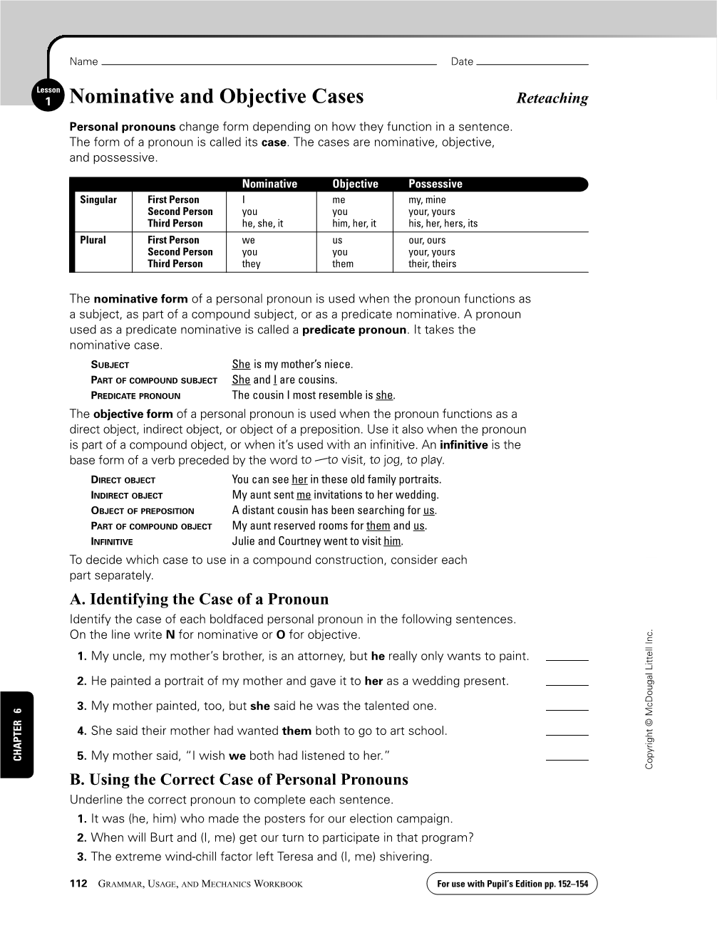 Nominative and Objective Cases Reteaching