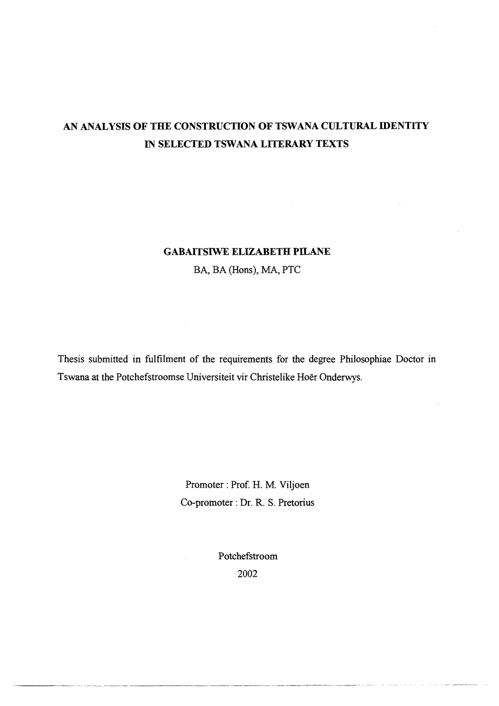 An Analysis of the Construction of Tswana Cultural Identity in Selected Tswana Literary Texts