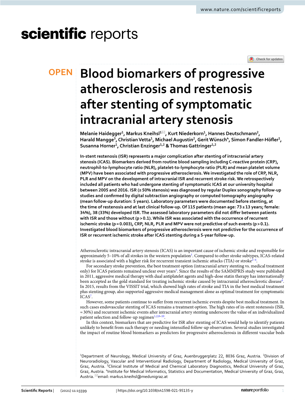 Blood Biomarkers of Progressive Atherosclerosis and Restenosis After