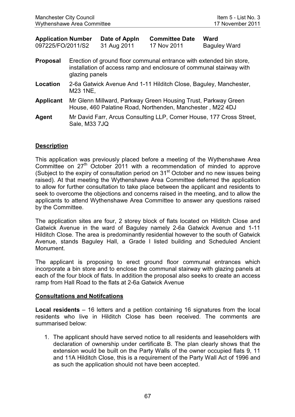 Report on Gatwick Ave and Hilditch Close (097225) to Wythenshawe Area Committee 17 November 2011