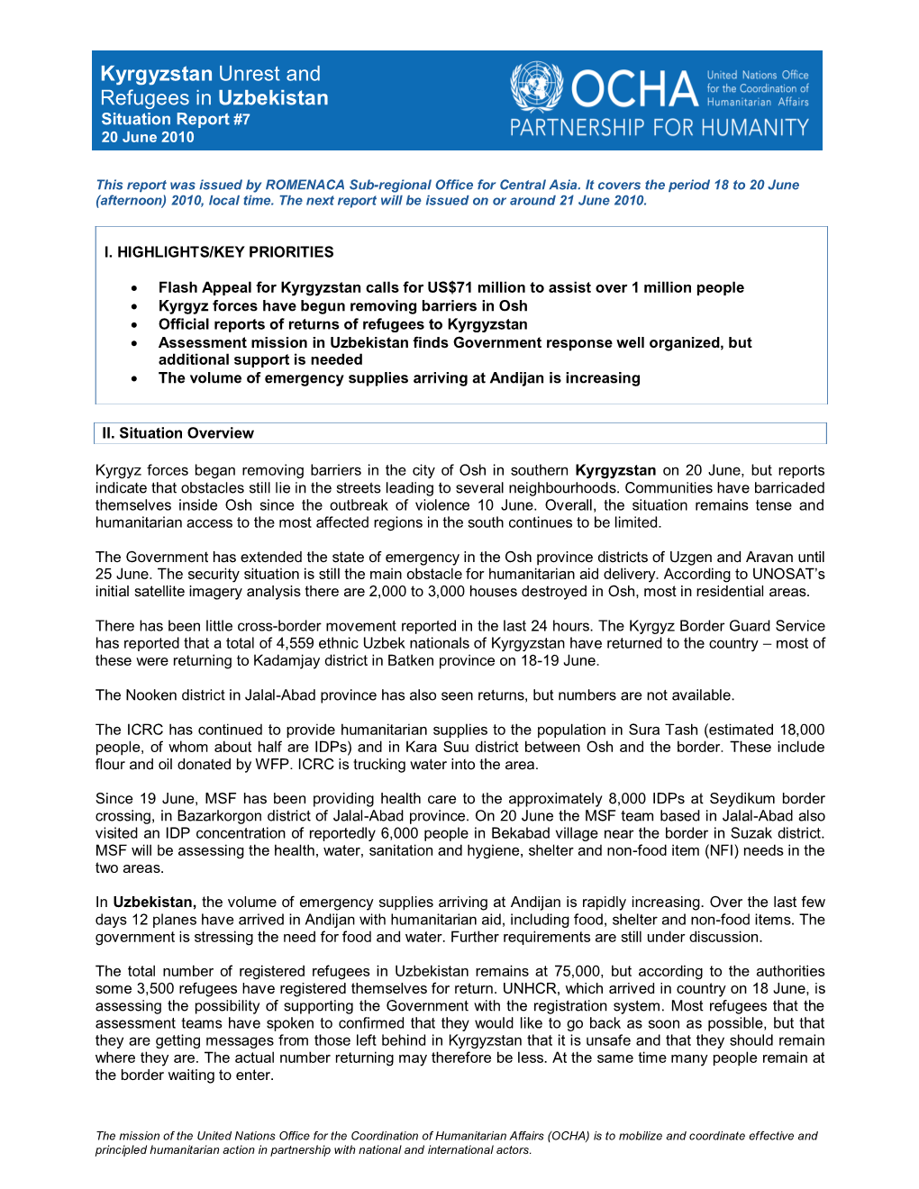 Kyrgyzstan Unrest and Refugees in Uzbekistan Situation Report #7 20 June 2010