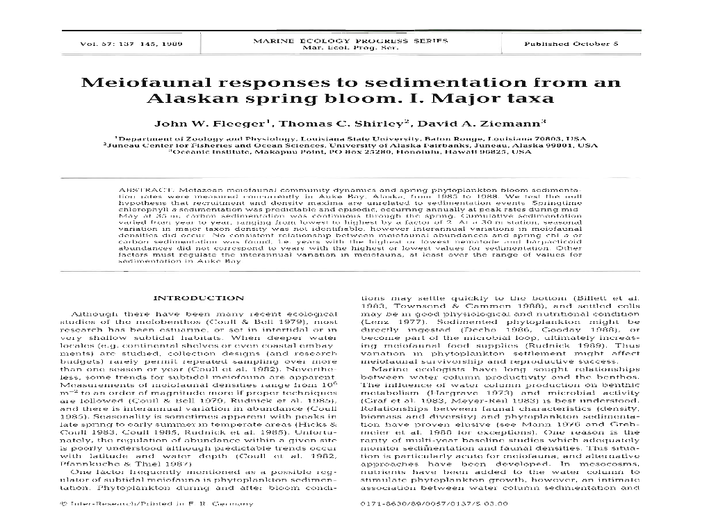 Meiofaunal Responses to Sedimentation from an Alaskan Spring Bloom