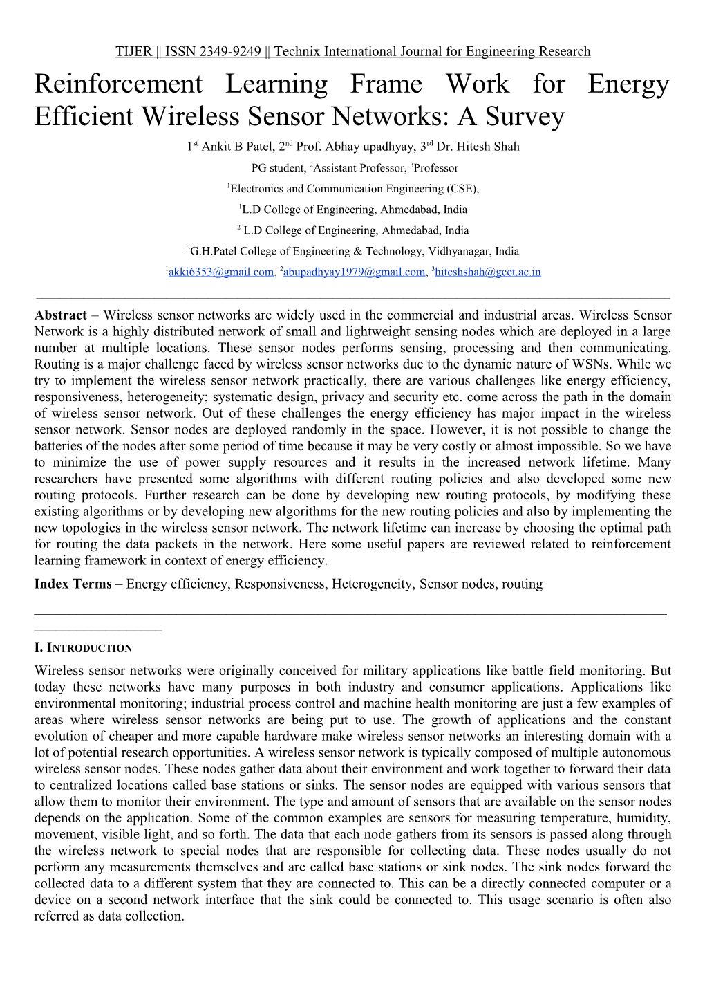 Reinforcement Learning Frame Work for Energy Efficient Wireless Sensor Networks: a Survey