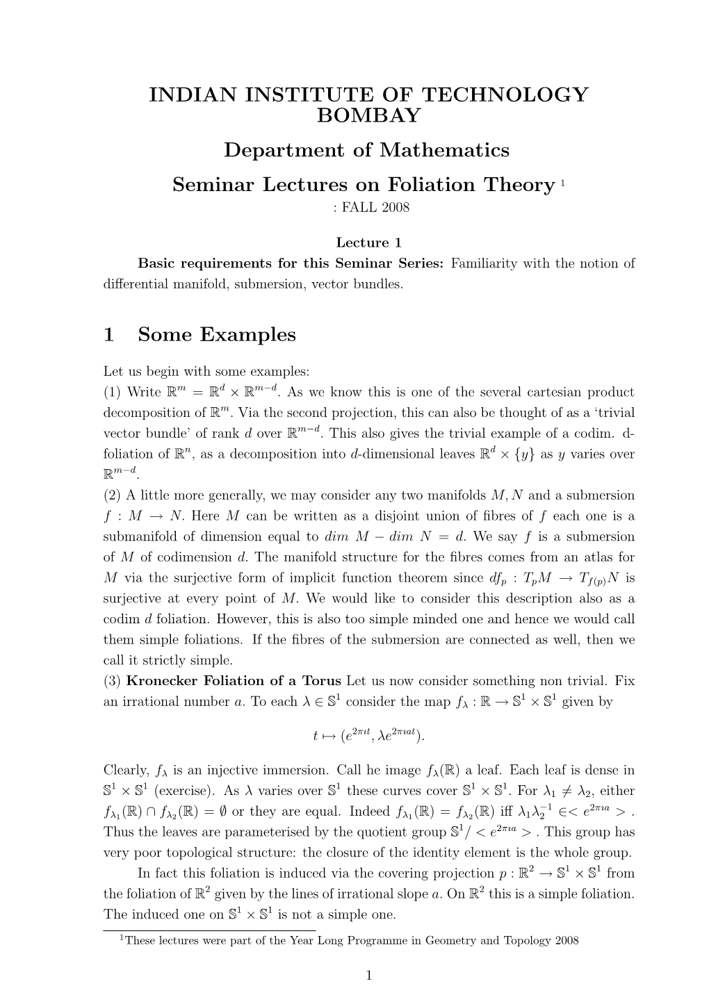 Lecture Notes on Foliation Theory