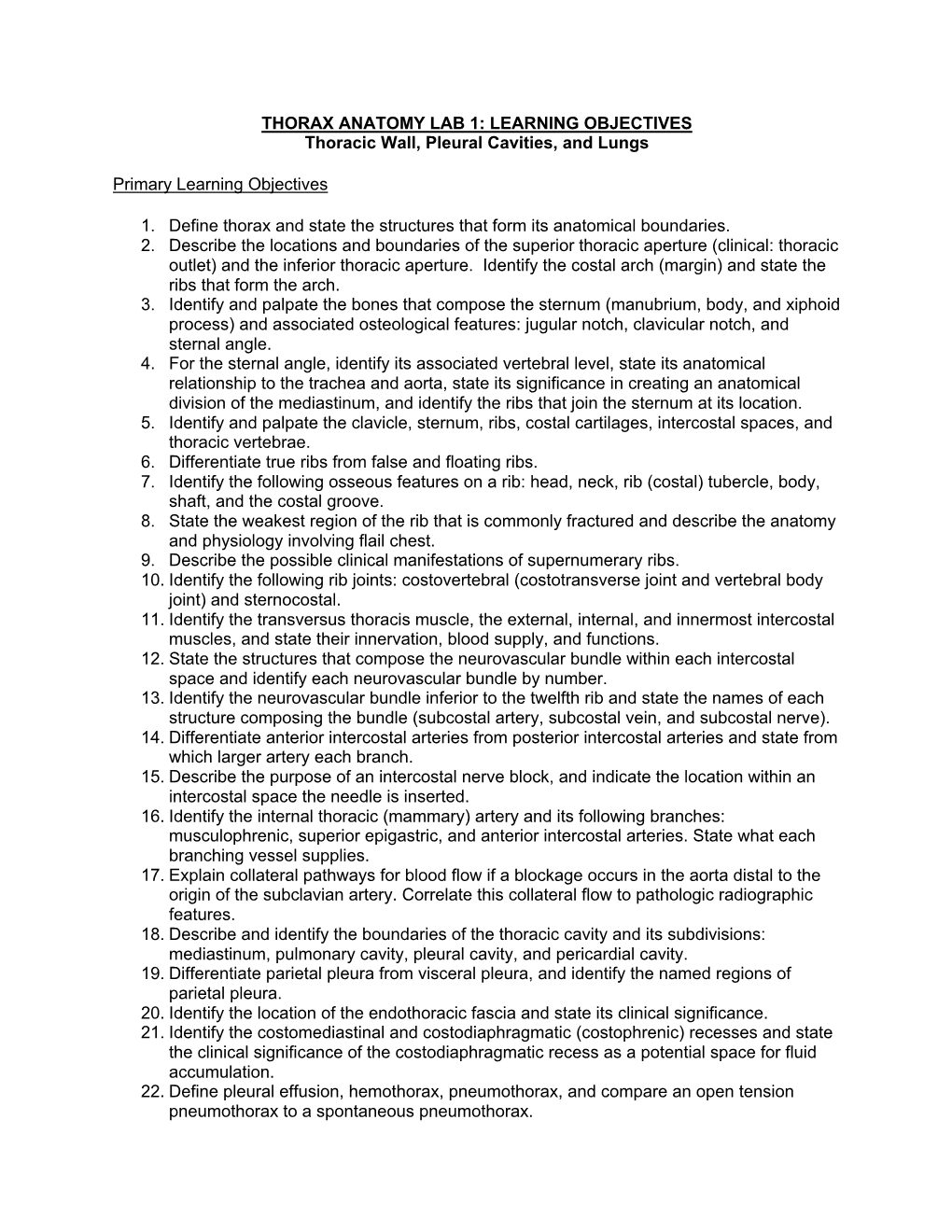 THORAX ANATOMY LAB 1: LEARNING OBJECTIVES Thoracic Wall, Pleural Cavities, and Lungs