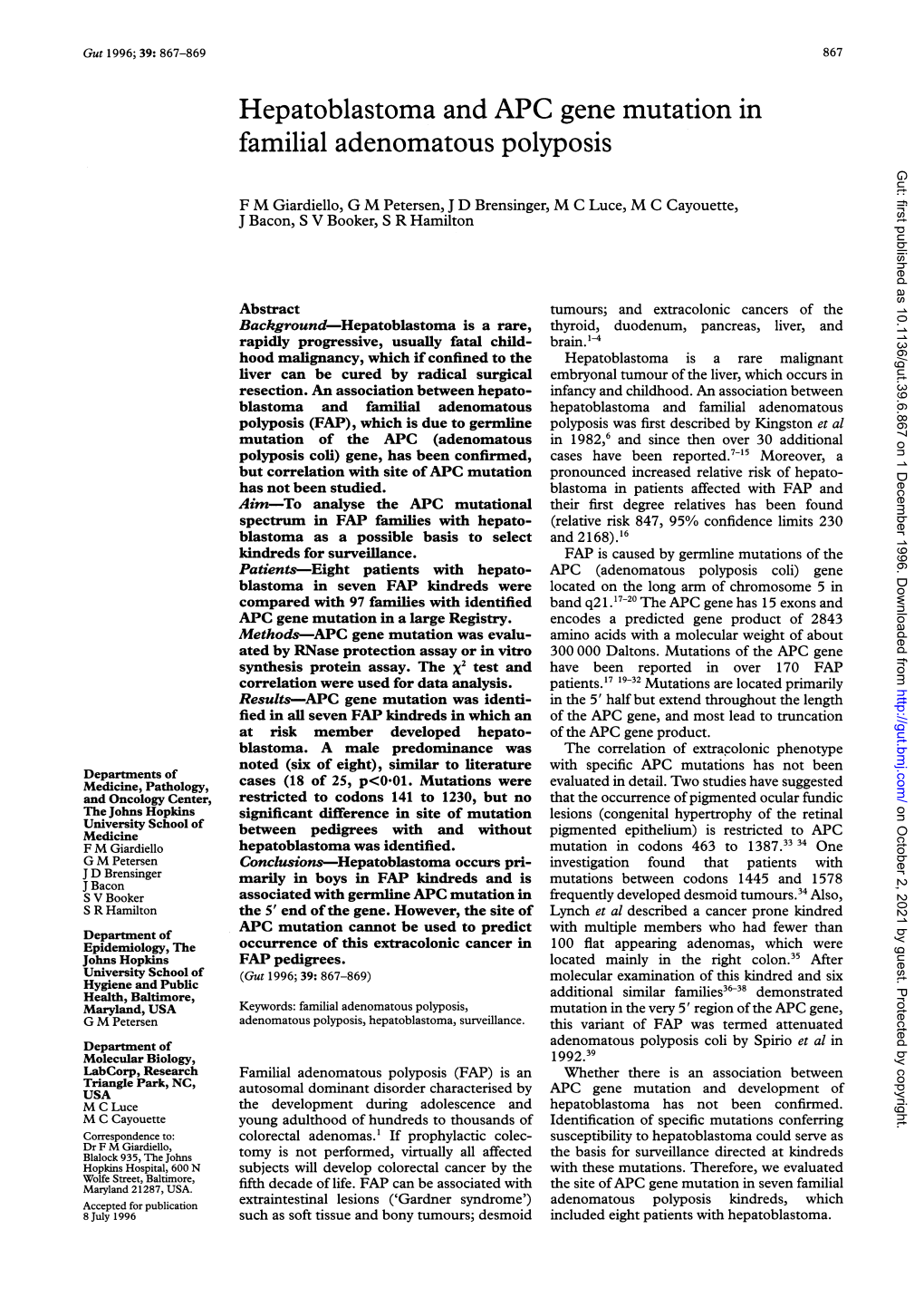 Hepatoblastoma and APC Gene Mutation in Familial Adenomatous Polyposis Gut: First Published As 10.1136/Gut.39.6.867 on 1 December 1996