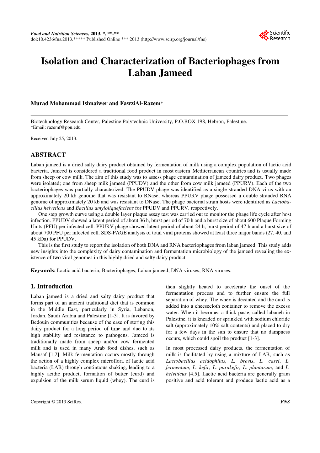 Isolation and Characterization of Bacteriophages from Laban Jameed