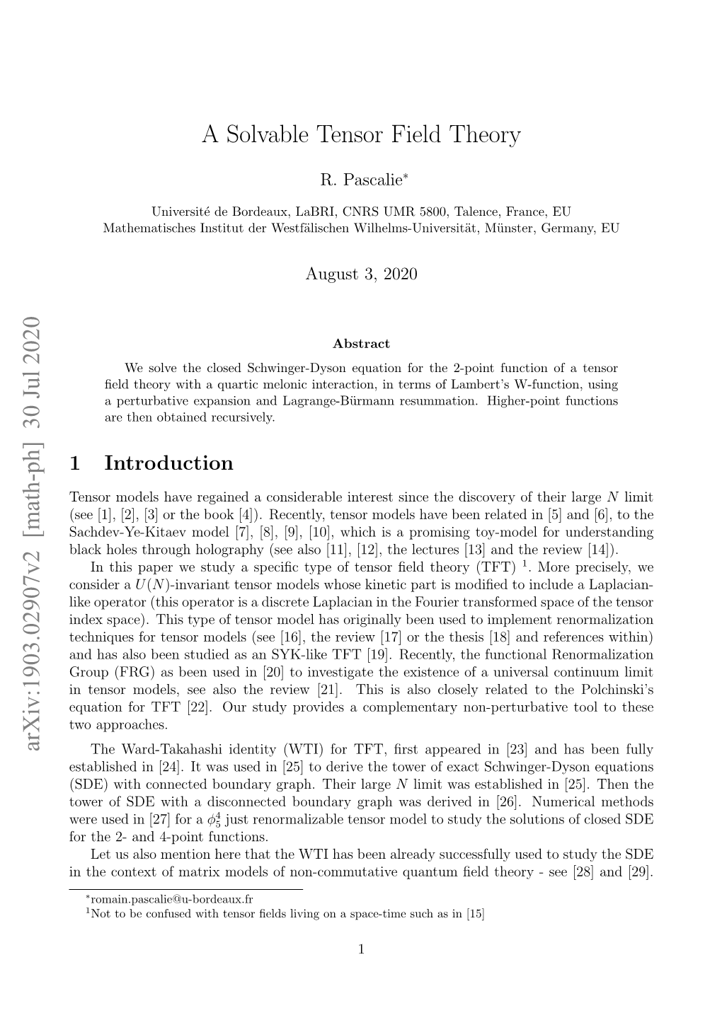 A Solvable Tensor Field Theory Arxiv:1903.02907V2 [Math-Ph]