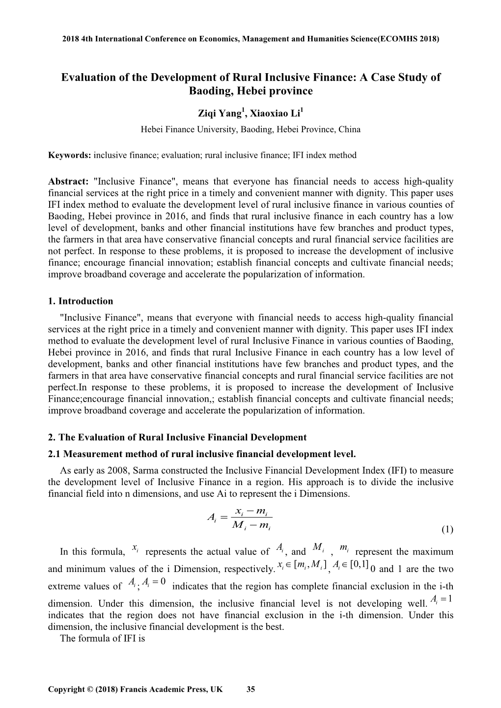 Evaluation of the Development of Rural Inclusive Finance: a Case Study of Baoding, Hebei Province