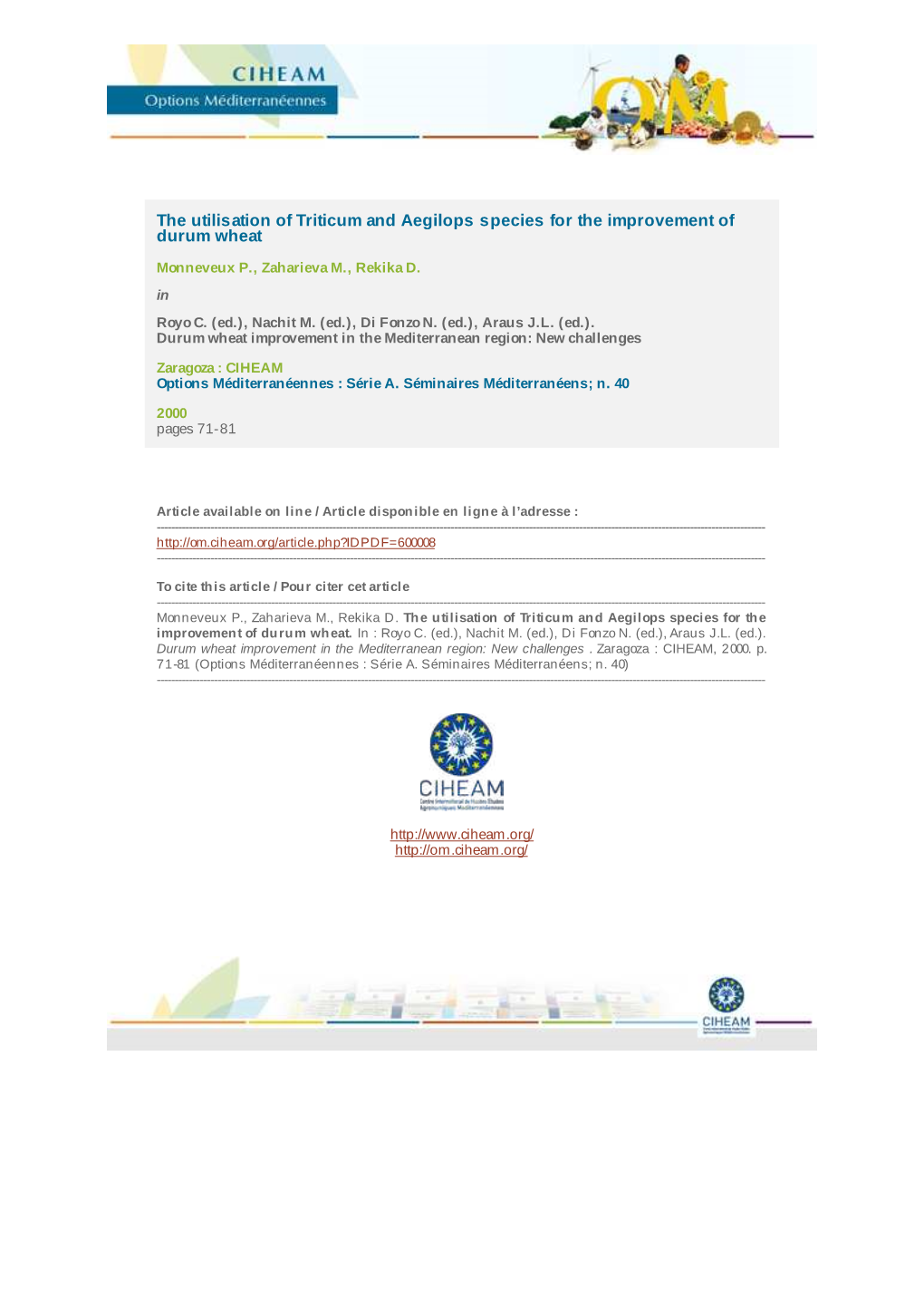 The Utilisation of Triticum and Aegilops Species for the Improvement of Durum Wheat