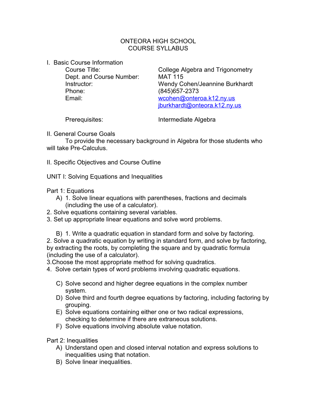 Course Title: College Algebra and Trigonometry