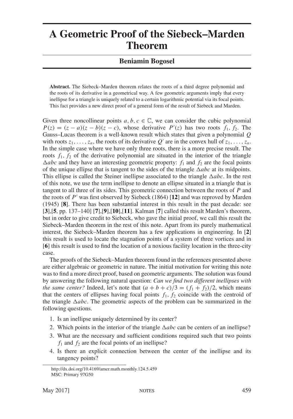 A Geometric Proof of the Siebeck–Marden Theorem Beniamin Bogosel