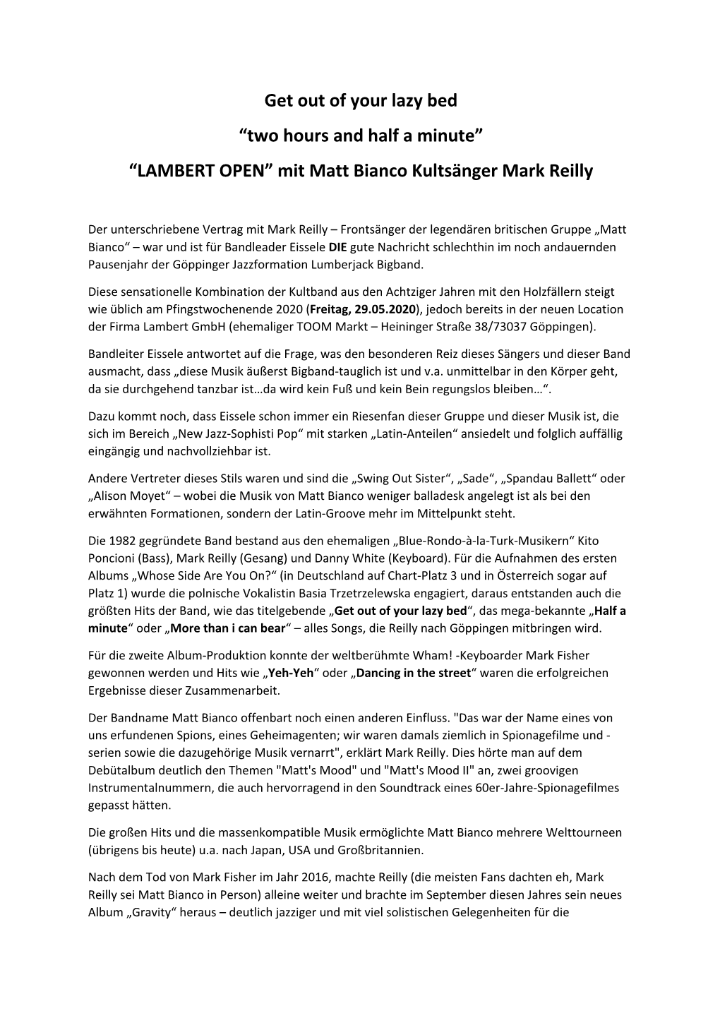 LAMBERT OPEN” Mit Matt Bianco Kultsänger Mark Reilly