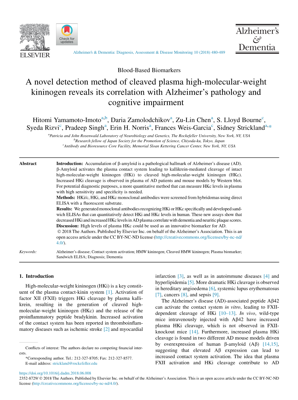 A Novel Detection Method of Cleaved Plasma High-Molecular-Weight Kininogen Reveals Its Correlation with Alzheimer’S Pathology and Cognitive Impairment