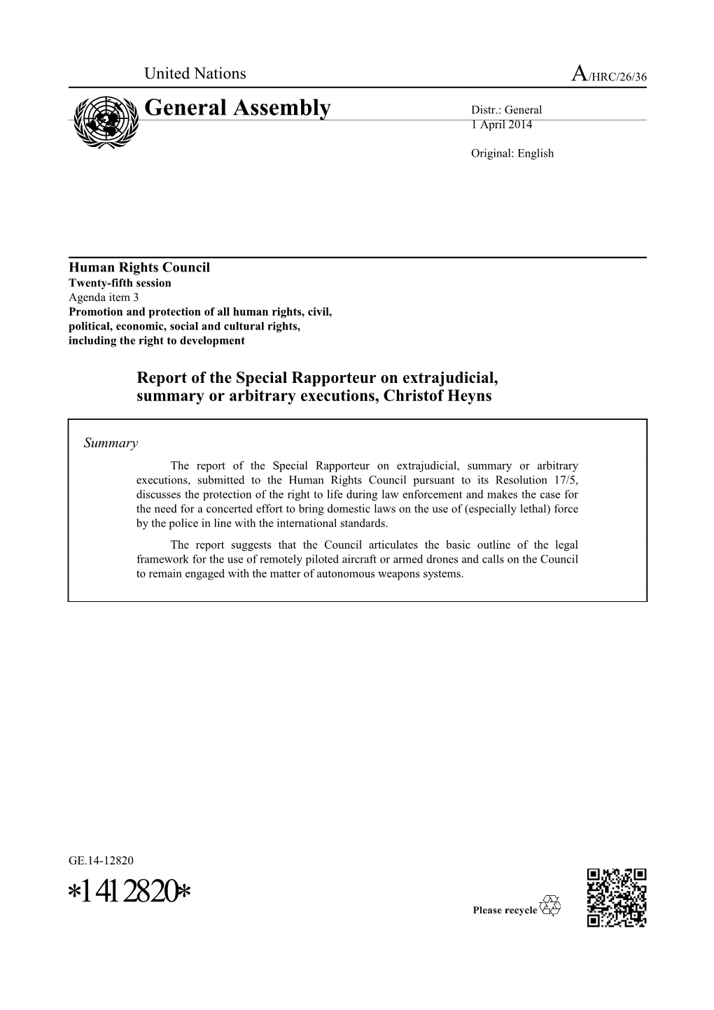 Report of the Special Rapporteur on Extrajudicial, Summary Or Arbitrary Executions in English