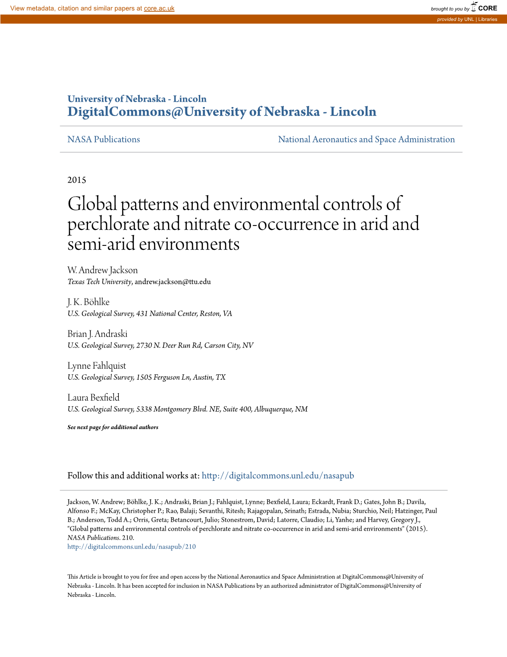 Global Patterns and Environmental Controls of Perchlorate and Nitrate Co-Occurrence in Arid and Semi-Arid Environments W