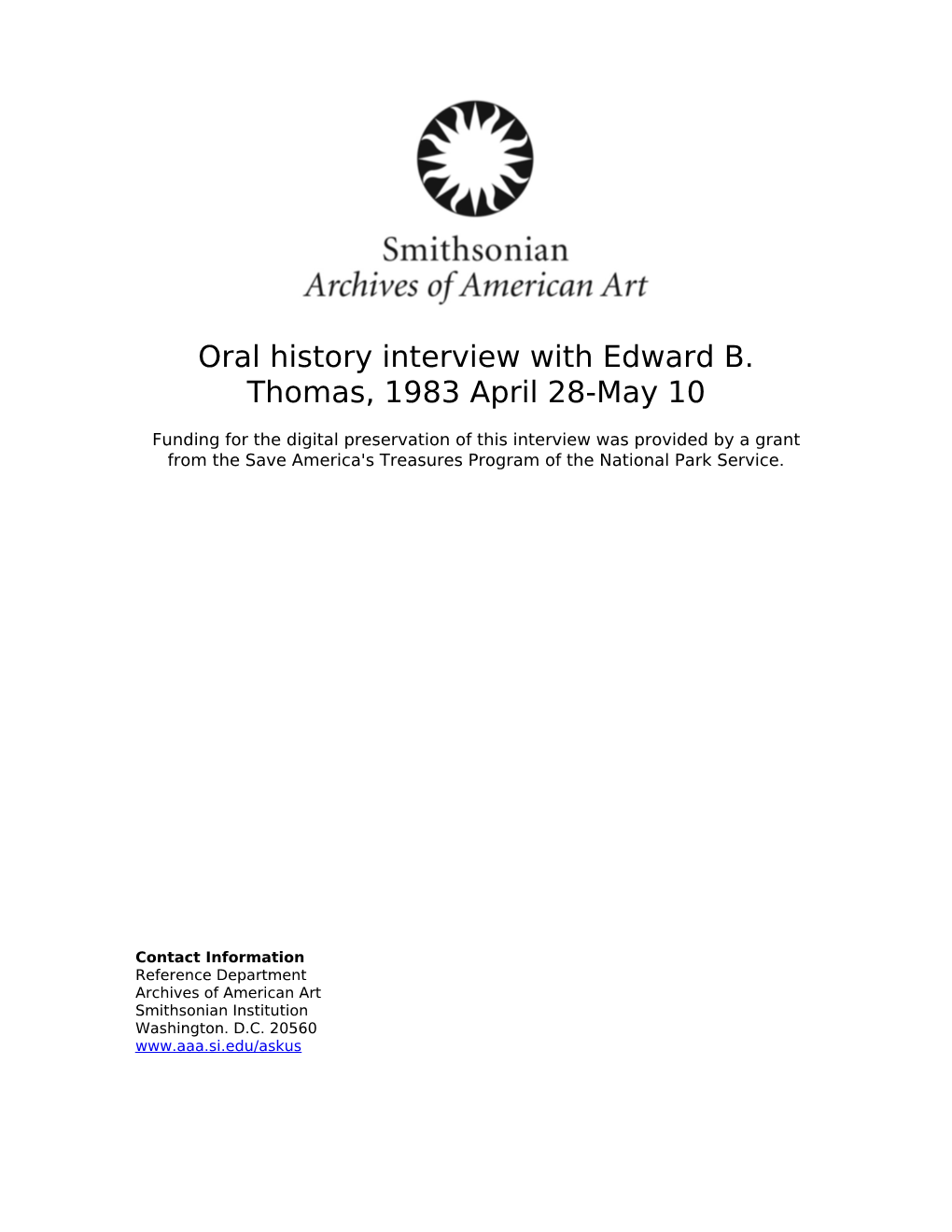 Oral History Interview with Edward B. Thomas, 1983 April 28-May 10