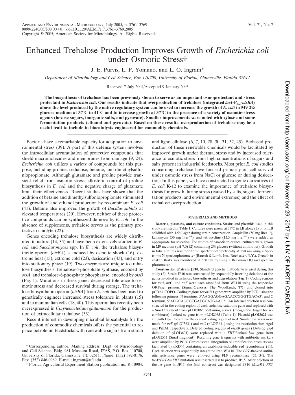 Enhanced Trehalose Production Improves Growth of Escherichia Coli Under Osmotic Stress† J