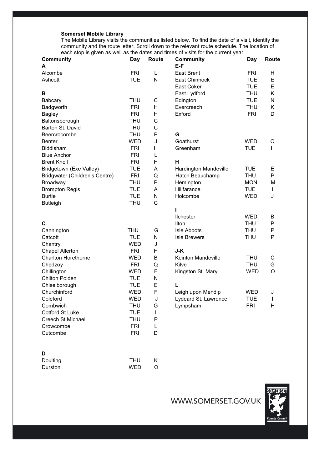 Somerset Mobile Library the Mobile Library Visits the Communities Listed Below