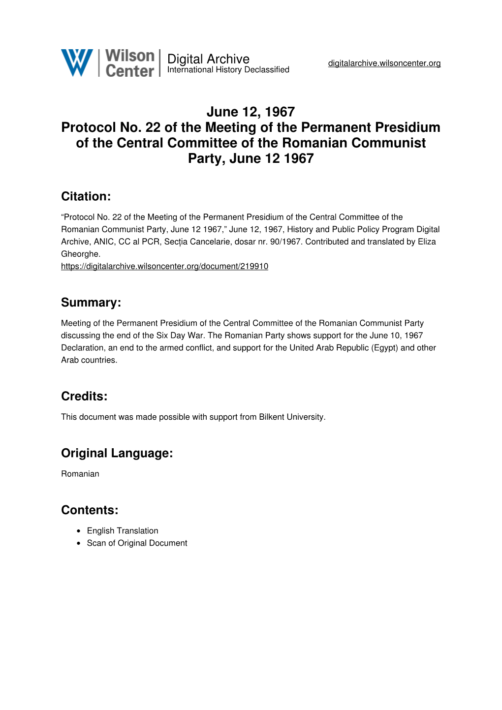 June 12, 1967 Protocol No. 22 of the Meeting of the Permanent Presidium of the Central Committee of the Romanian Communist Party, June 12 1967