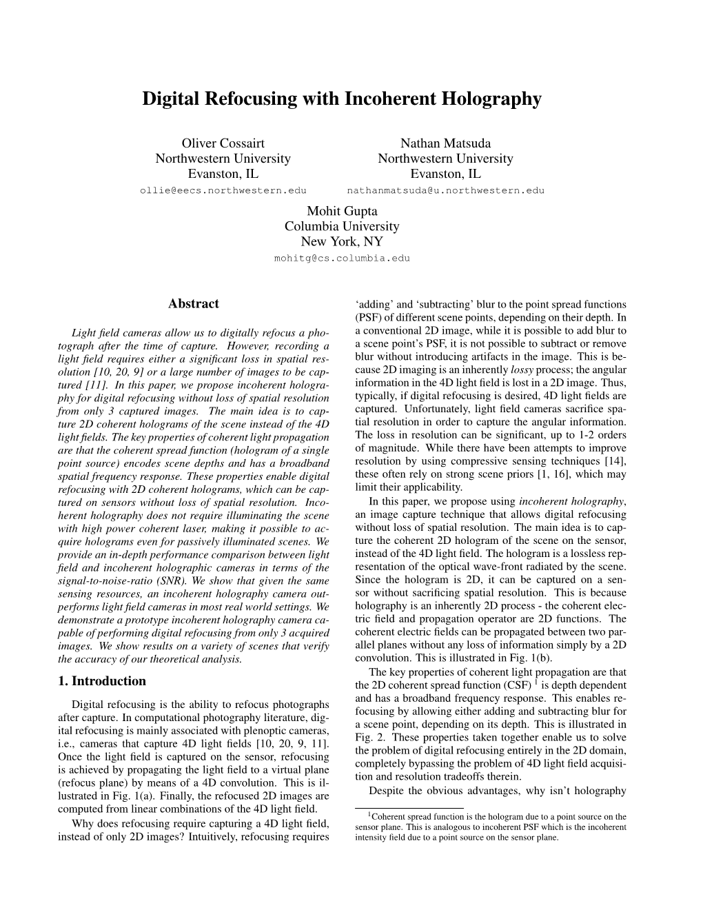 Digital Refocusing with Incoherent Holography