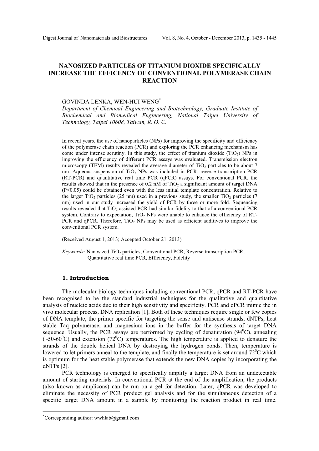 Nanosized Particles of Titanium Dioxide Specifically Increase the Efficency of Conventional Polymerase Chain Reaction