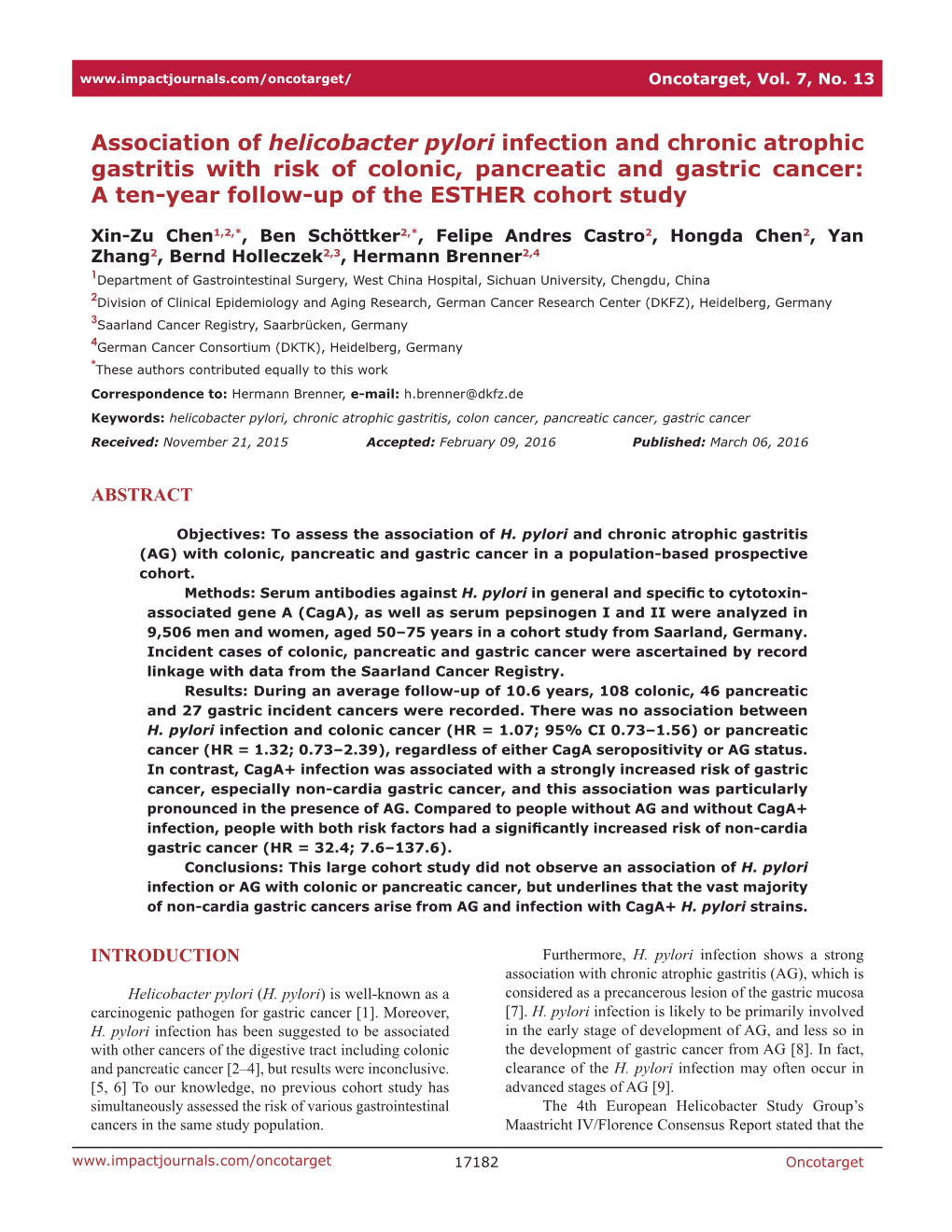 Association of Helicobacter Pylori Infection and Chronic Atrophic